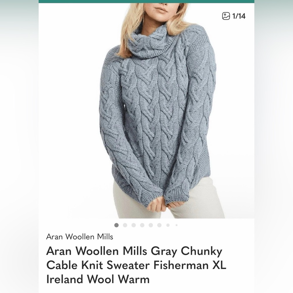Aran Woollen Mills Gray Chunky Cable Knit Sweater Fisherman XL Ireland Wool Warm